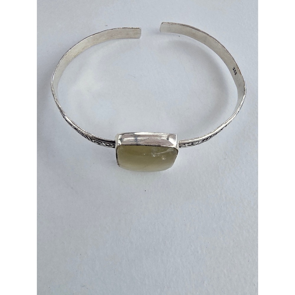 Vintage 925 Sterling Silver Green Gemstone Cuff Bracelet Engraved Boho Artisan
